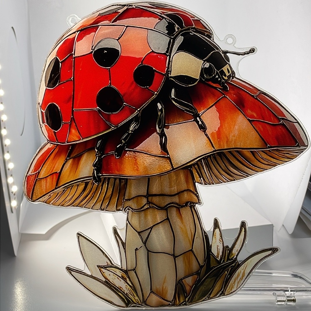 Suncatcher Acrylic Decoration Ladybug on a Mushroom Faux Stained Glass Sunroom